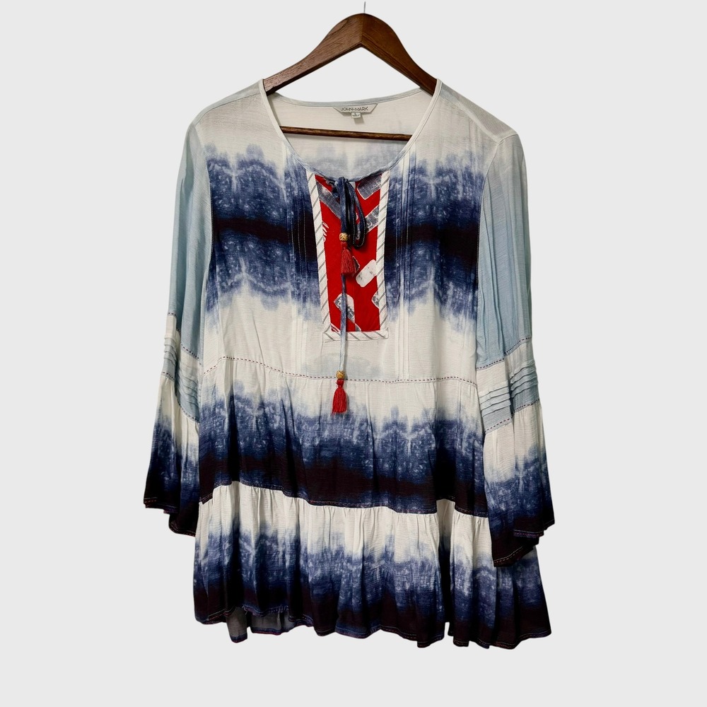 John Mark Tunic Top Women L Bohemian Tie Dye Tassel Tiered Bell Sleeve Baby doll